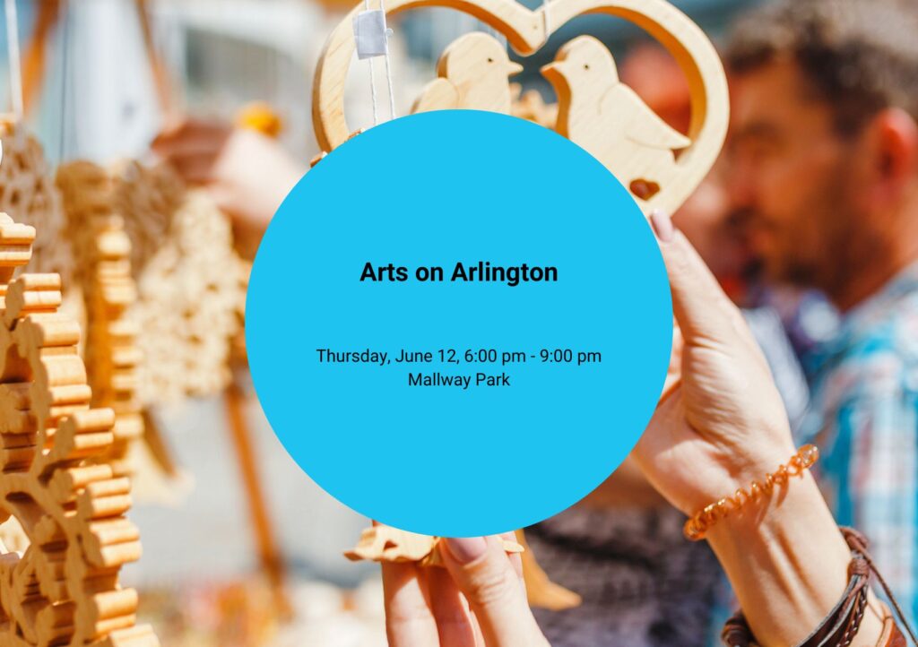 Arts on Arlington graphic showing a guest looking at an artist's booth