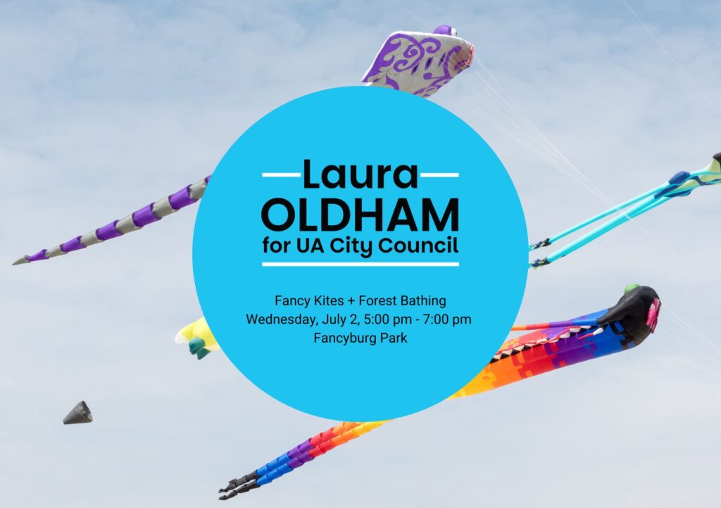 Fancy Kites + Forest Bathing graphic for Oldham for UA campaign event at Fancyburg Park
