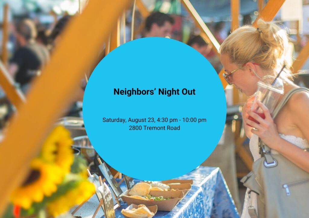 Neighbors' Night Out, graphic showing art vendors and local food