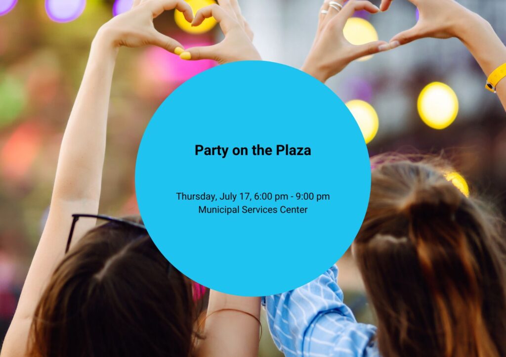 UA Party on the Plaza, graphic showing event details with people signing along to music at an outdoor concert