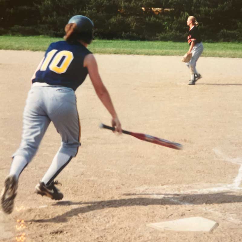 Laura Oldham Hitting O-G Softball, Laura dropping the bat to run to first