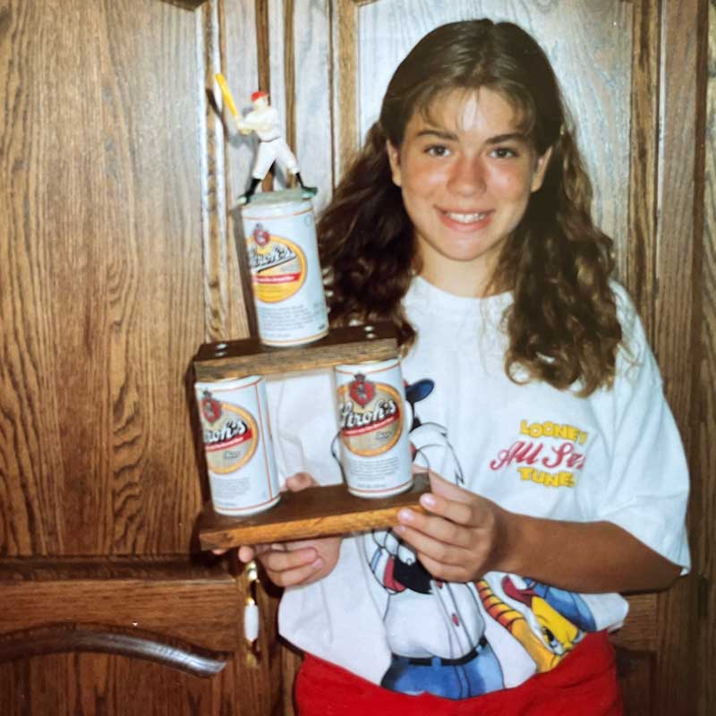 Laura Oldham Softball Trophy featuring Stroh's cans and a very hip Looney Tunes All Star T-shirt
